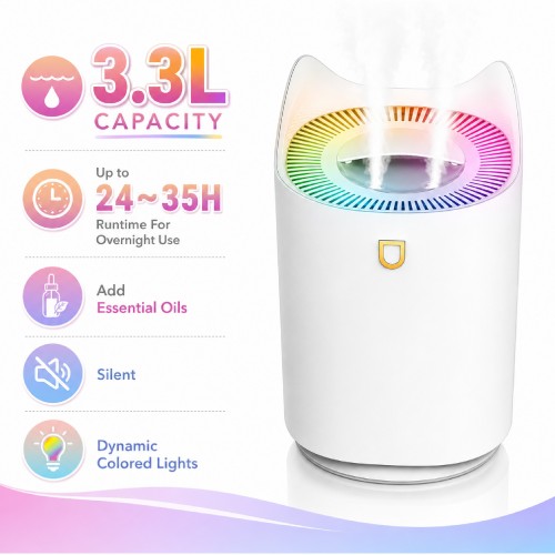 3.3L Top-fill Cool Mist Humidifier For Bedroom with Essential Oil Function, Super Quiet Air Humidifiers with Night Light - Perfect for Bedroom, Office, Nursery, Plant 3.3L Top-fill Cool Mist Humidifier For Bedroom with Essential Oil Function, Super Quiet Air Humidifiers with Night Light - Perfect for Bedroom, Office, Nursery, Plant